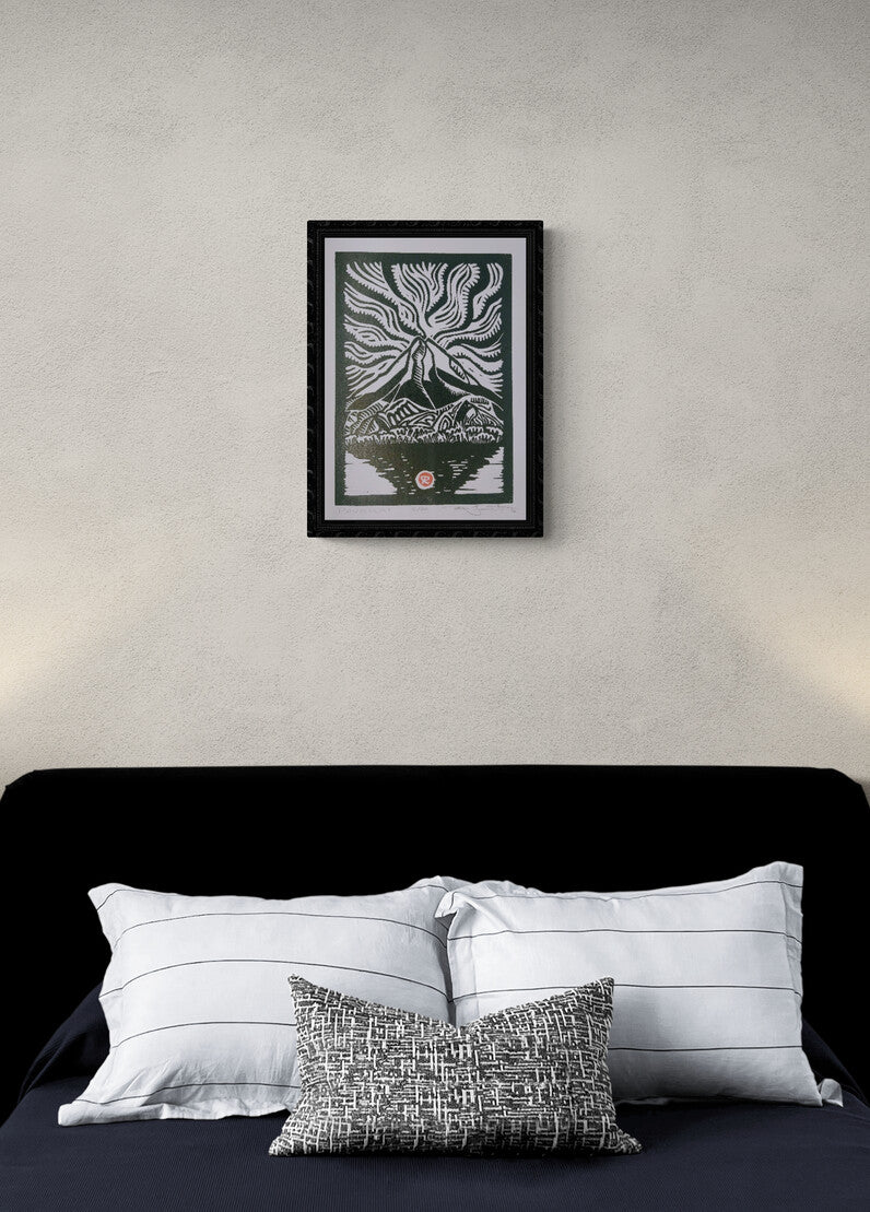 "Pouakai." A3 Framed hand printed wood cut.